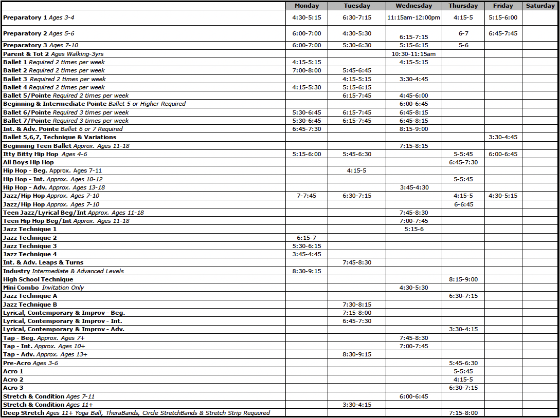 2023 – 2024 Echo School Of Dance Class Schedule