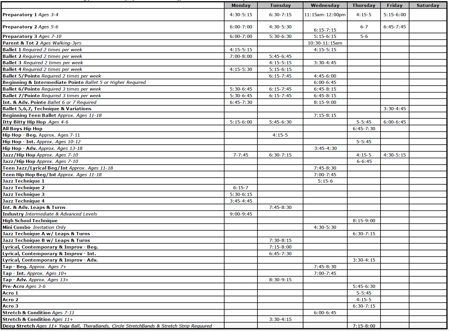 2023 – 2024 Echo School Of Dance Class Schedule